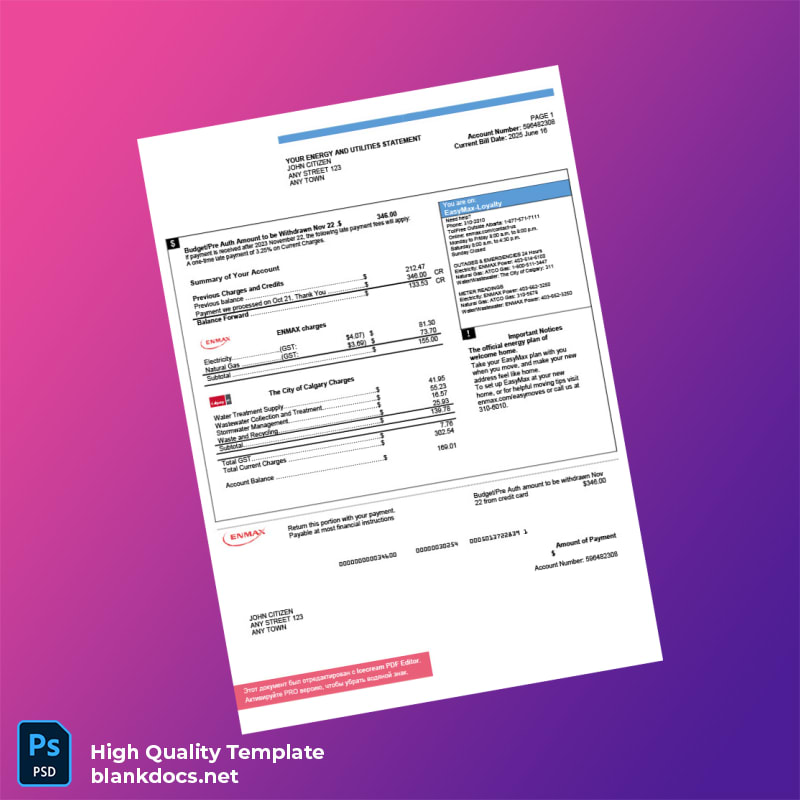 Canada ENMAX Editable Utility Bill Template in Word and PDF formats