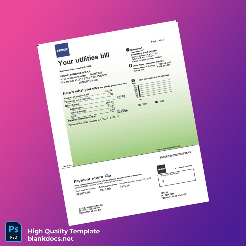 Canada EPCOR Editable Electricity Bill Template in Word and PDF formats