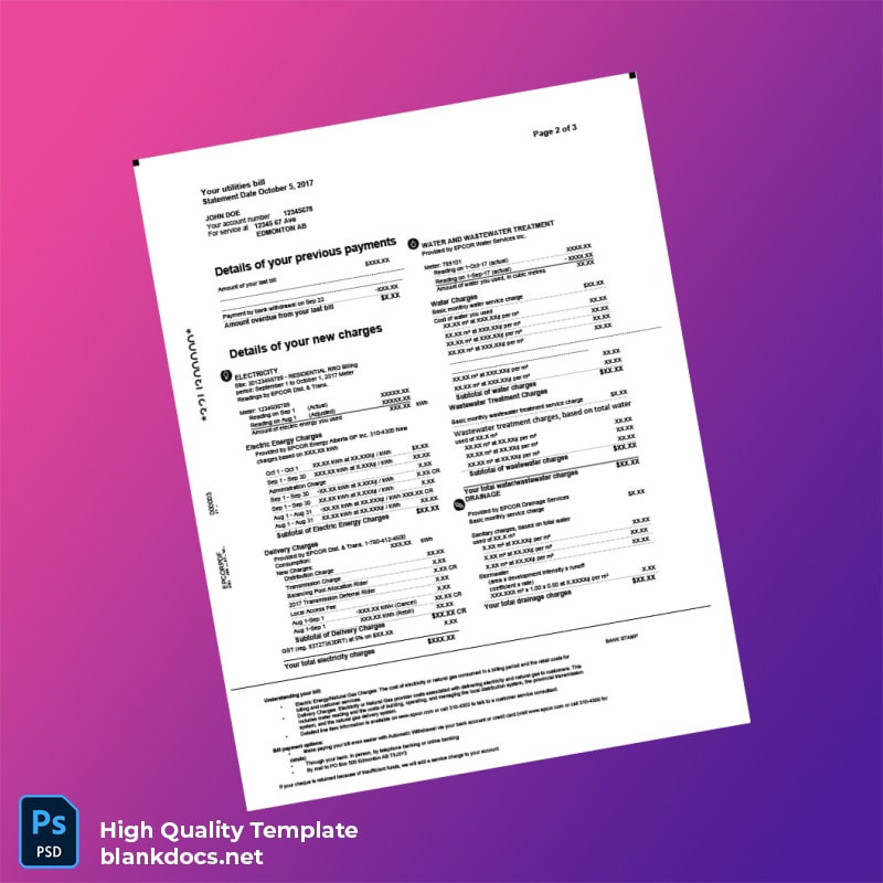 Canada EPCOR Editable Utility Bill Template in Word and PDF formats page 2
