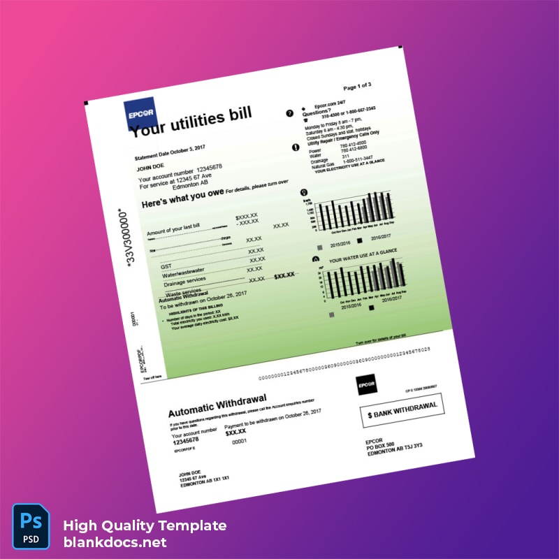 Canada EPCOR Editable Utility Bill Template in Word and PDF formats