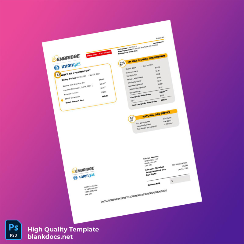 Canada Enbridge Union Gas Editable Utility Bill Template in Word and PDF formats