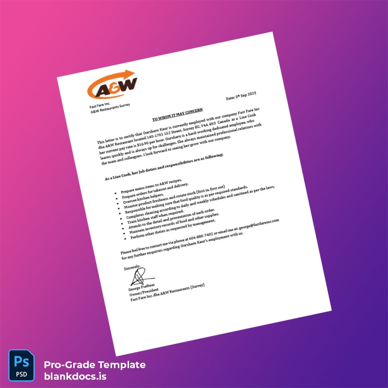 Blank Canada Fast Fare Inc Employment Verification Letter Template (Word/PDF) Document Preview - BlankDocs