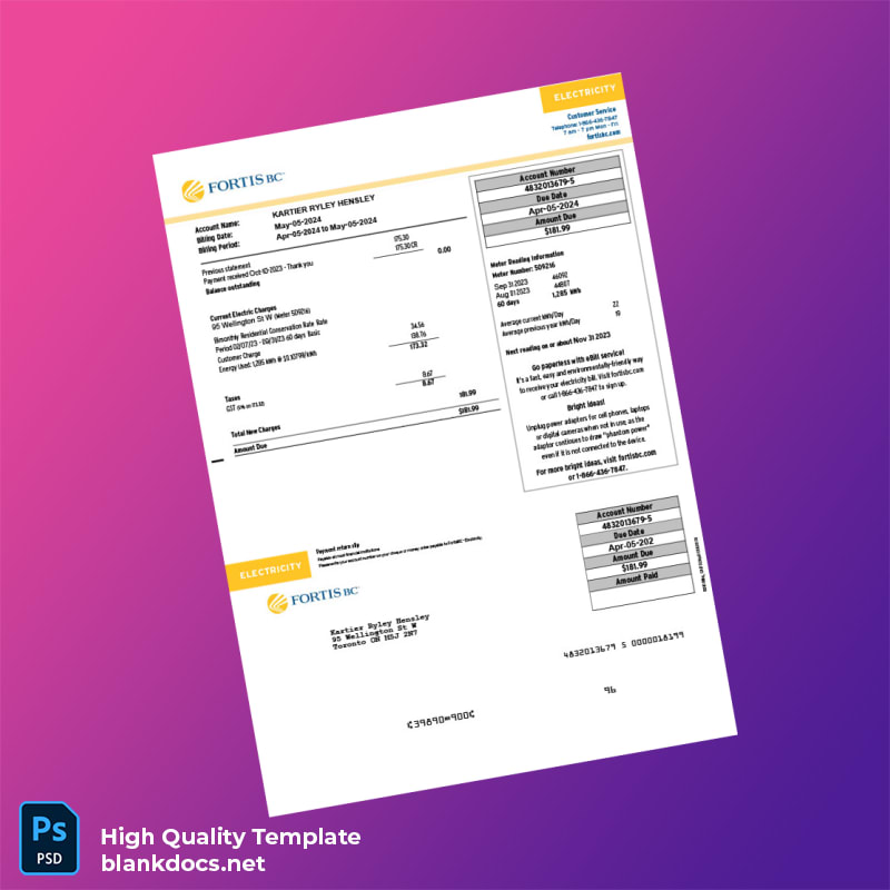 Canada Fortis BC Editable Electricity Bill Template in Word and PDF formats