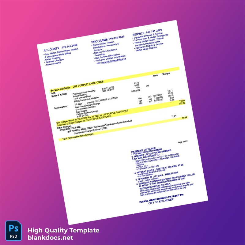 Canada Kitchener Utilities Editable Utility Bill Template in Word and PDF formats page 2