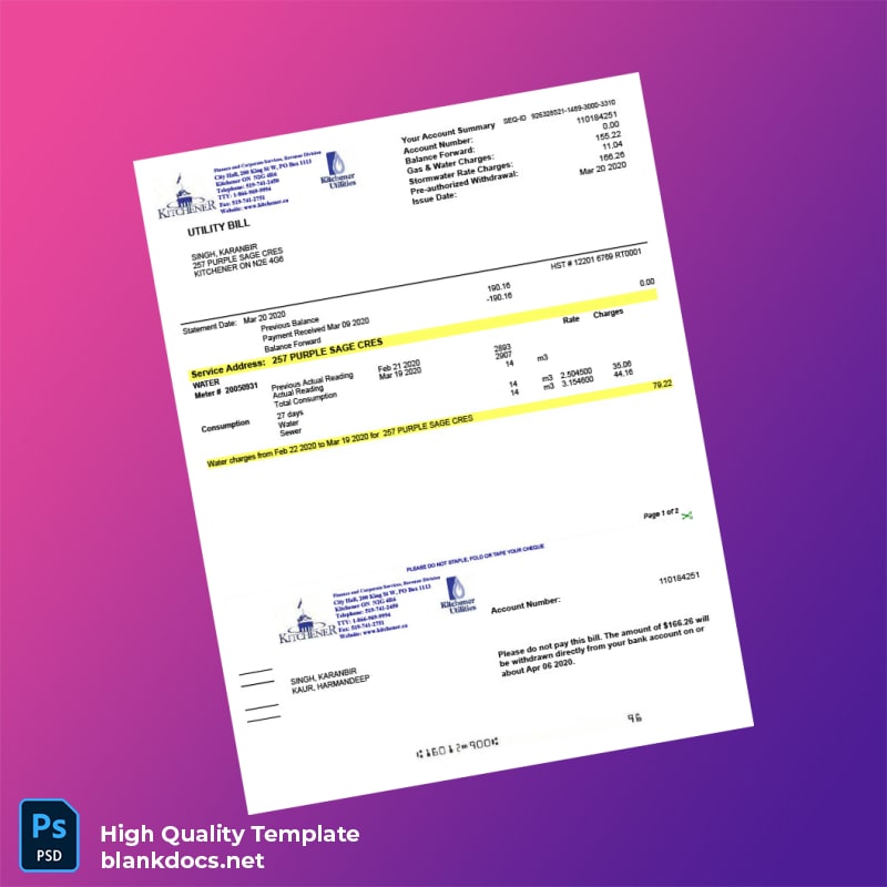 Canada Kitchener Utilities Editable Utility Bill Template in Word and PDF formats