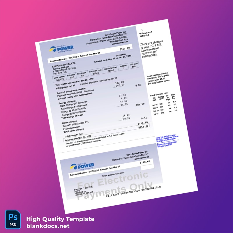 Canada Nova Scotia Power Inc Editable Electricity Bill Template in Word and PDF formats