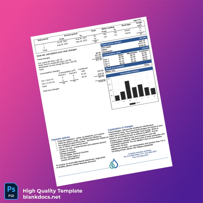 Canada Ottawa Water Utility Editable Water Bill Template in Word and PDF formats page 2