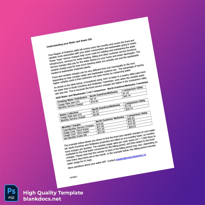 Canada Region Of Waterloo Editable Water Bill Template in Word and PDF formats