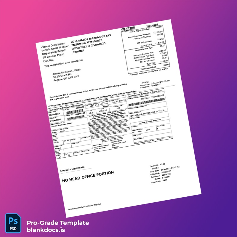 Blank Canada Saskatchewan Vehicle Registration Certificate Template (Word/PDF) Document Preview