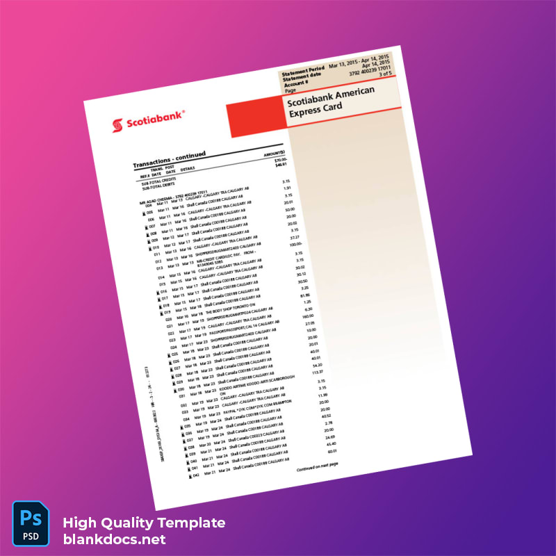 Canada Scotiabank Credit Card Statement Template in Word and PDF formats page 3