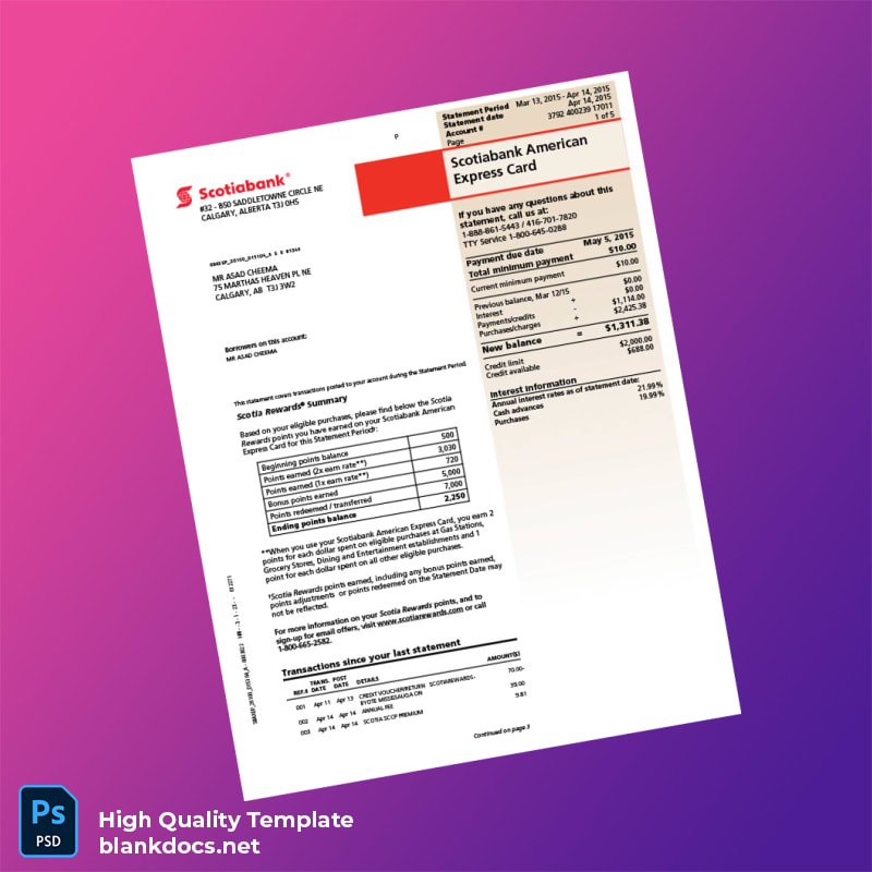 Canada Scotiabank Credit Card Statement Template in Word and PDF formats