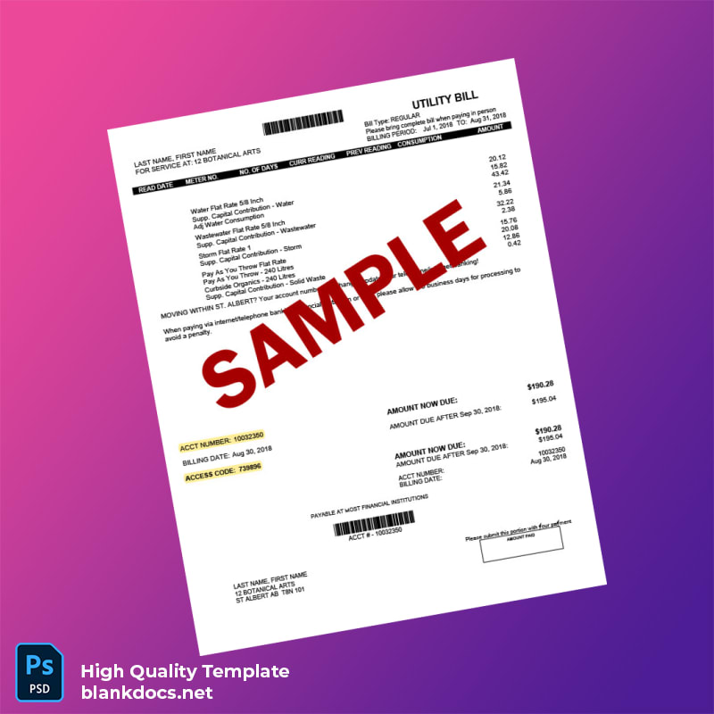 Canada St Albert Editable Water Bill Template in Word and PDF formats