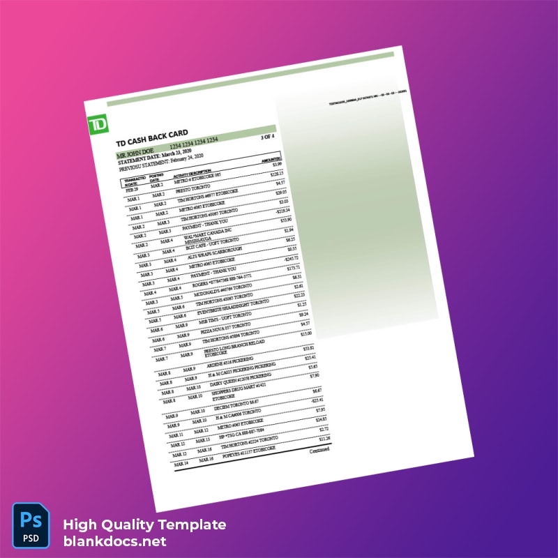 Canada TD Bank Credit Card Statement Template in Word and PDF formats page 3