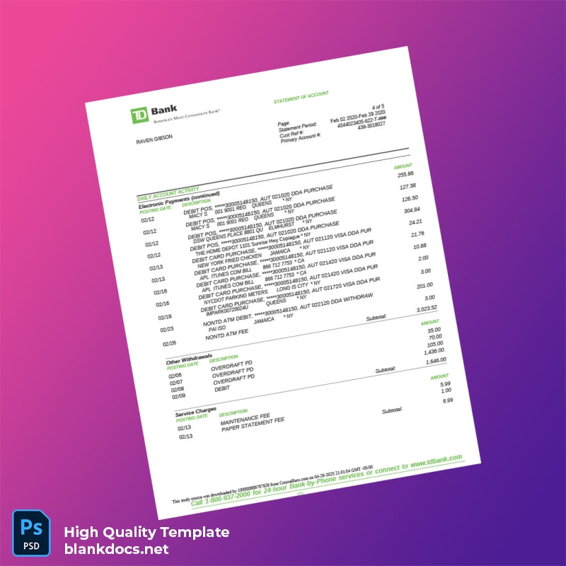 Canada TD Bank Statement Template in Word and PDF formats page 5