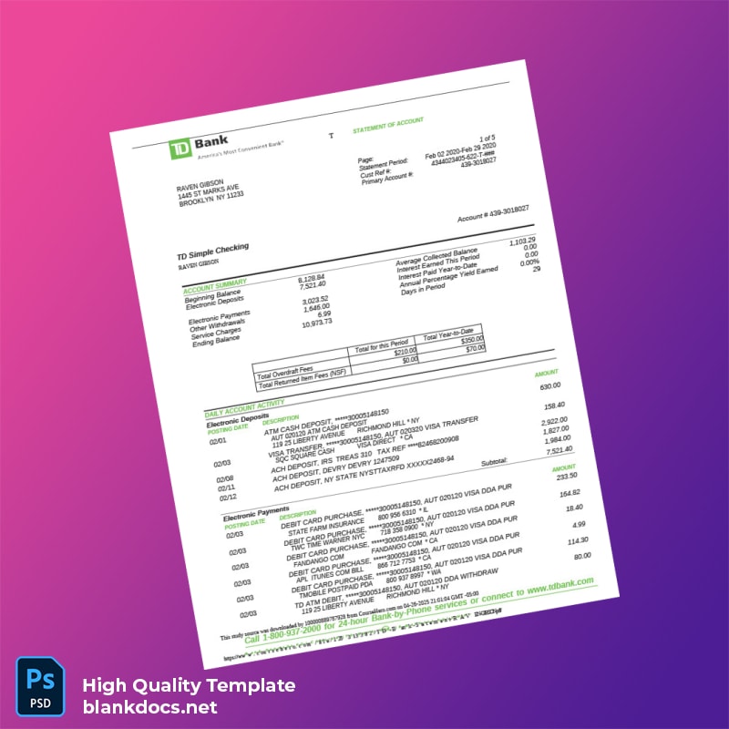 Canada TD Bank Statement Template in Word and PDF formats