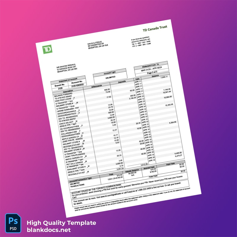 Canada TD Canada Trust Bank Statement Template in Word and PDF formats page 2