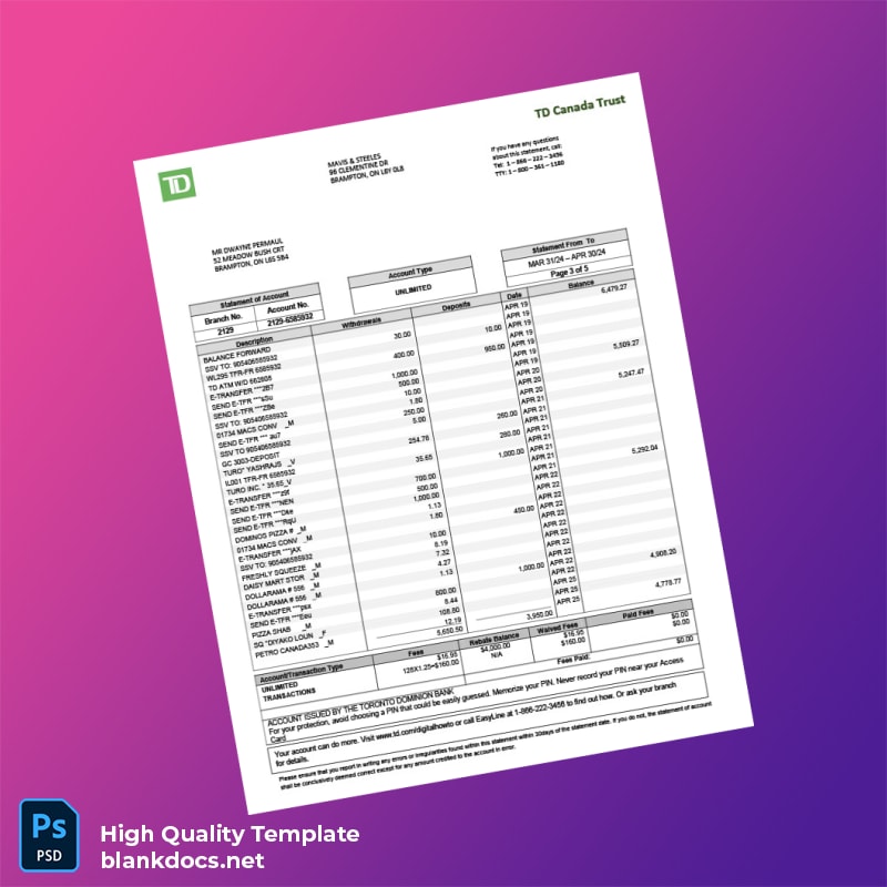 Canada TD Canada Trust Bank Statement Template in Word and PDF formats page 3