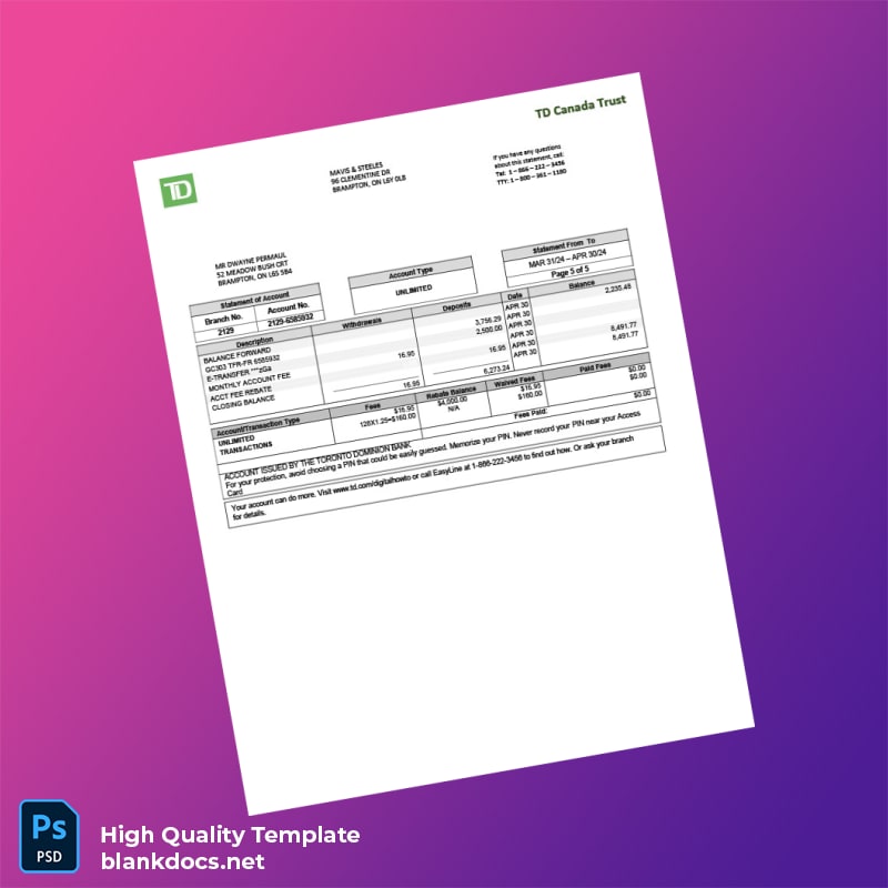 Canada TD Canada Trust Bank Statement Template in Word and PDF formats page 5
