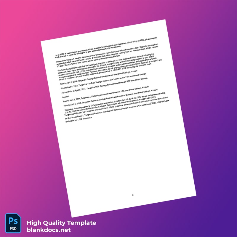 Canada Tangerine Bank Statement Template in Word and PDF formats page 2