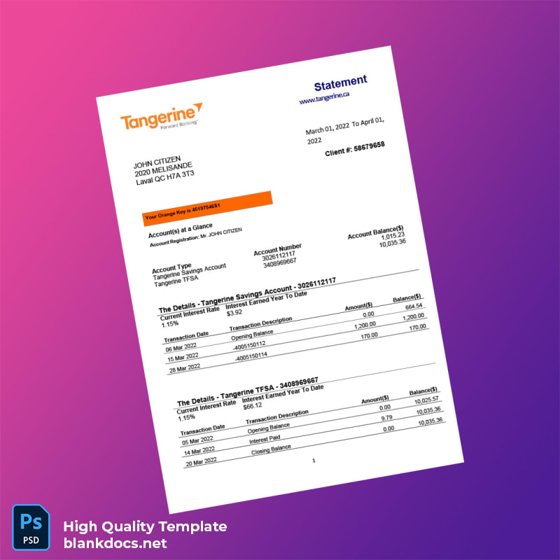 Canada Tangerine Bank Statement Template in Word and PDF formats