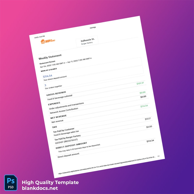 Canada Weekly Statement Template in Word and PDF formats