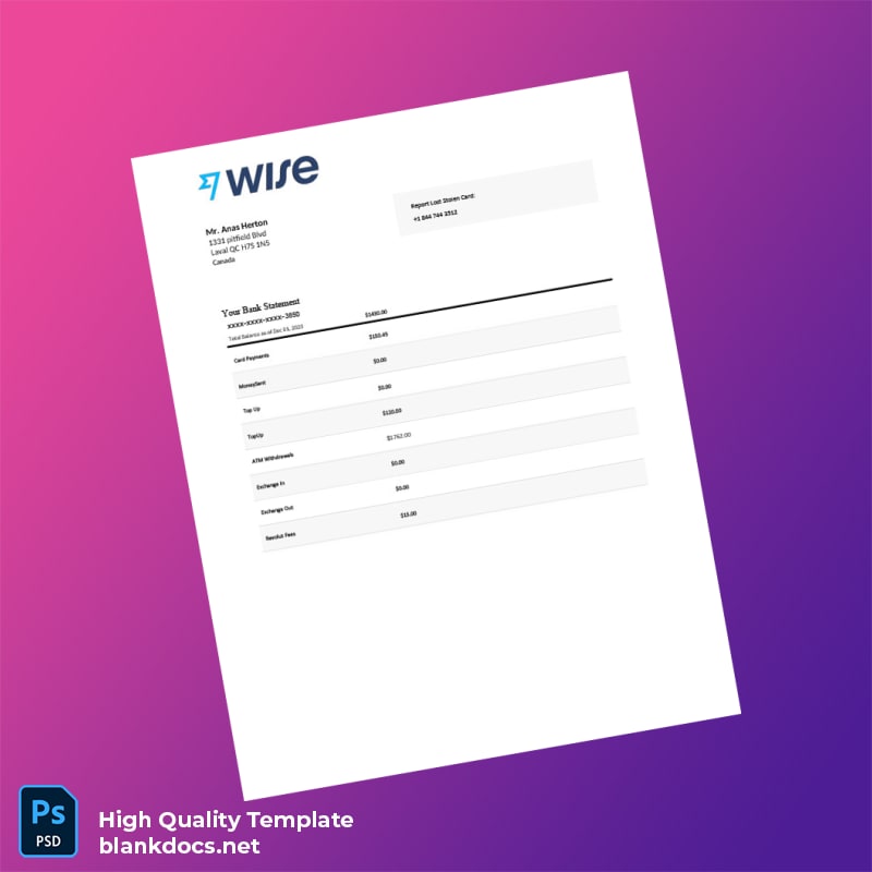 Canada Wise Bank Statement Template in Word and PDF formats