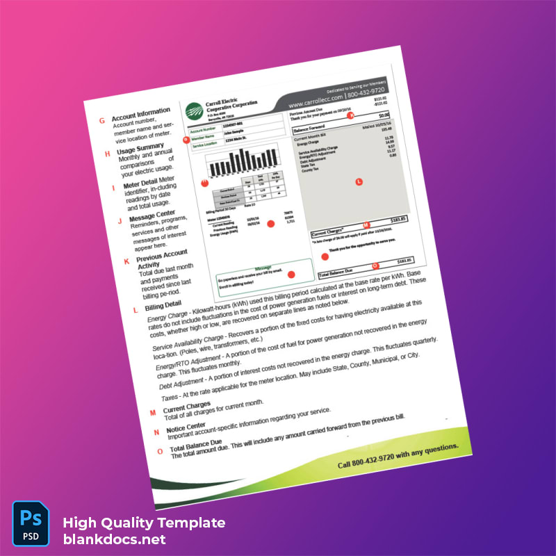 Carroll Electric Cooperative Corporation Editable Electricity Bill Template in Word and PDF formats page 2