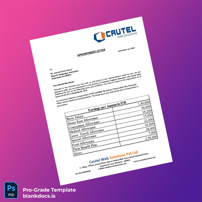 Blank Cautel Web Solutions Pvt Ltd Employment Verification Letter Template (Word/PDF) Document Preview - BlankDocs