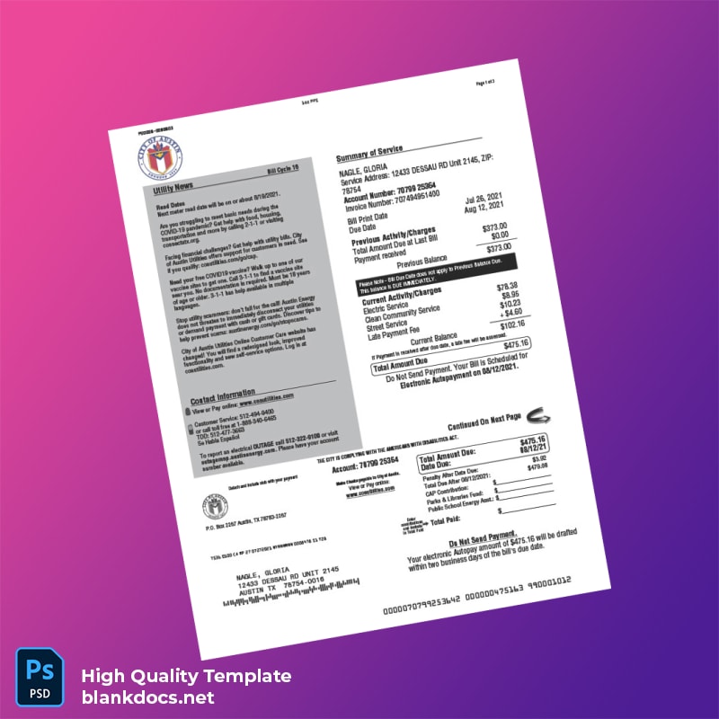City Of Austin Editable Utility Bill Template in Word and PDF formats