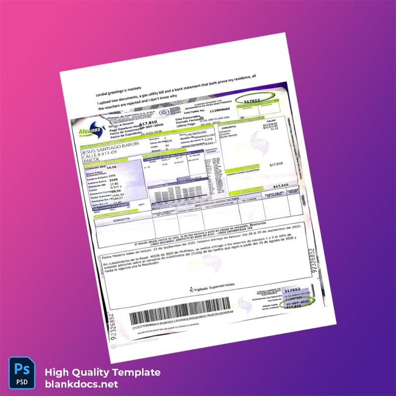 Colombia Alcanos De Colombia S A E S P Editable Utility Bill Template in Word and PDF formats