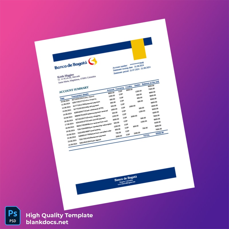 Colombia Banco De Bogot Editable Bank Statement Template in Word and PDF formats