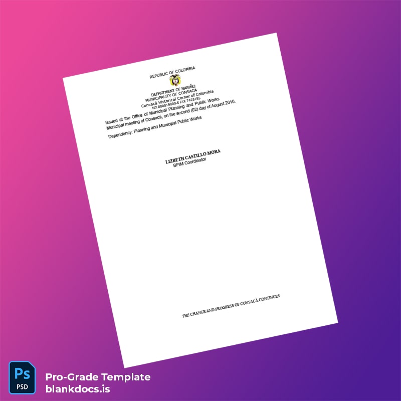 Blank Colombia Municipality of Consacá Project Bank Registration Certificate Template in Word and PDF formats page 2 Document Preview - BlankDocs