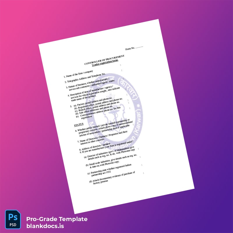Blank Controller of Procurement Vendor Registration Form Template (Word/PDF) Document Preview - BlankDocs