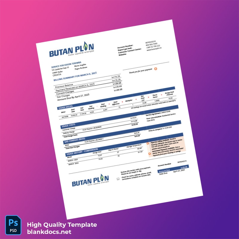 Croatia BUTAN PLIN D O O Editable Gas Bill Template in Word and PDF formats
