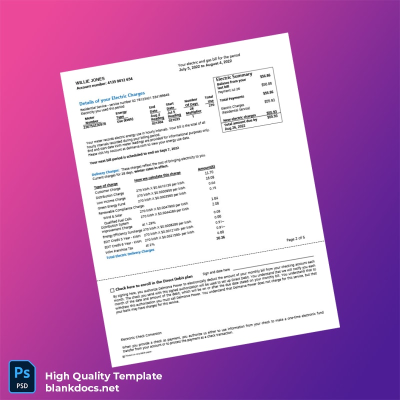 Delaware Power Company Editable Utility Bill Template in Word and PDF formats page 2