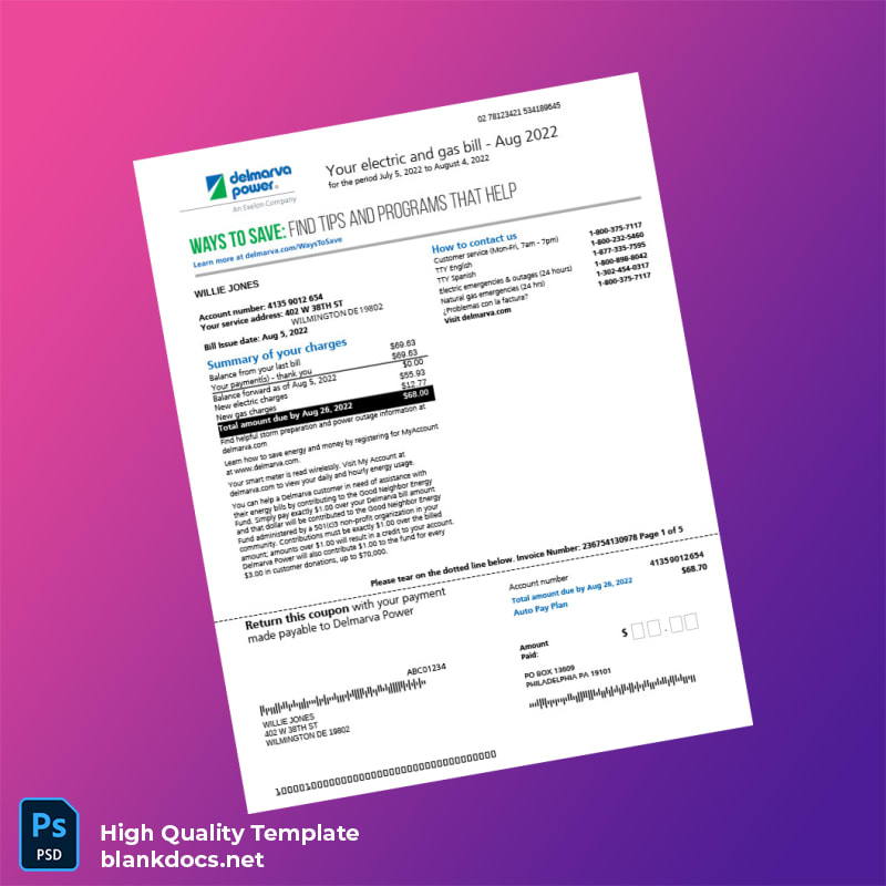 Delaware Power Company Editable Utility Bill Template in Word and PDF formats