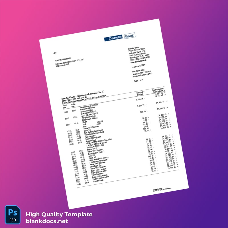 Denmark Danske Bank Statement Template in Word and PDF formats