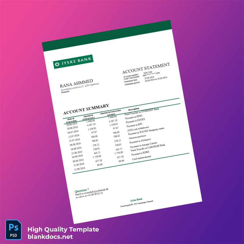 Denmark Jyske Bank Account Statement Template in Word and PDF formats