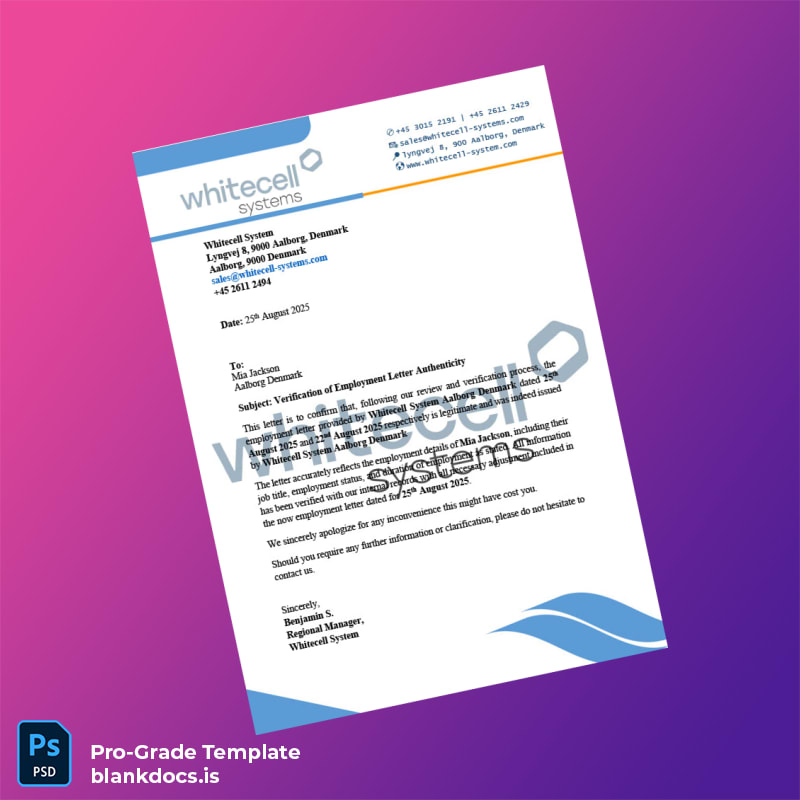 Blank Denmark Whitecell System Employment Verification Letter Template (Word/PDF) Document Preview - BlankDocs
