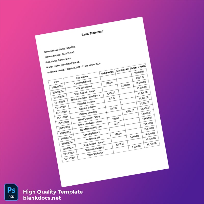 Dummy Bank Statement Template in Word and PDF formats