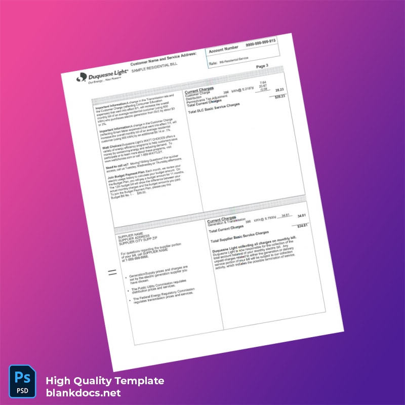 Duquesne Light Editable Utility Bill Template in Word and PDF formats
