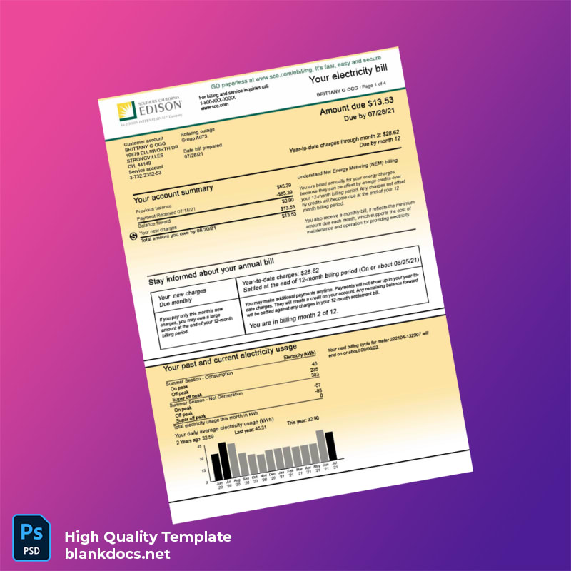 Edison Editable Electricity Bill Template in Word and PDF formats