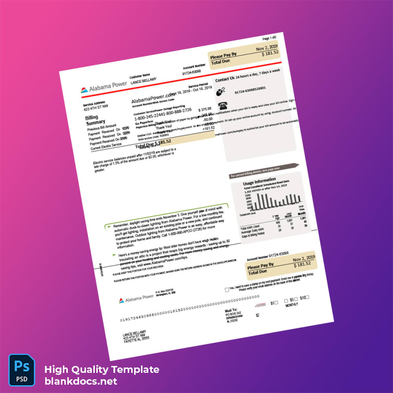 Editable Electricity Bill Template in Word and PDF formats