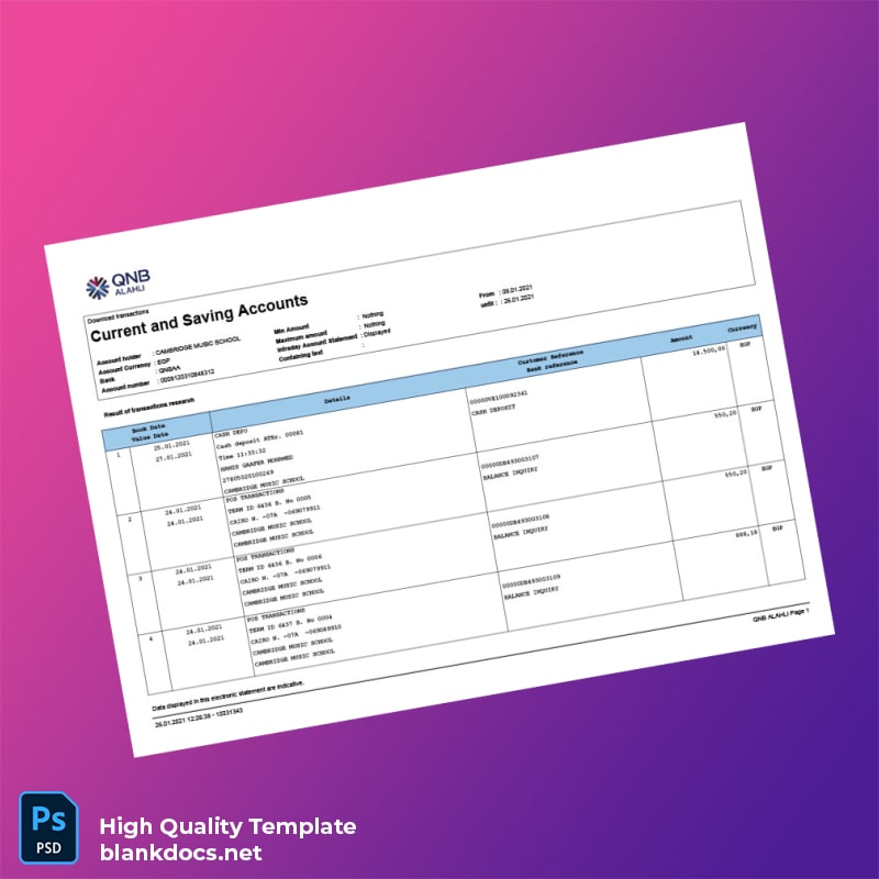 Egypt QNB Bank Statement Template in Word and PDF formats