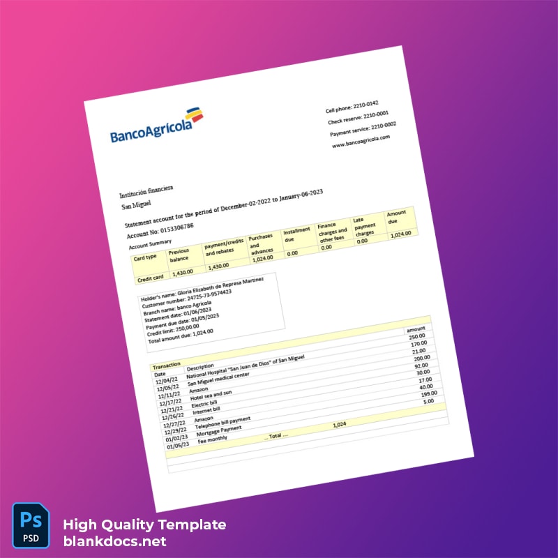 El Salvador Banco Agrícola Credit Card Statement Template in Word and PDF formats