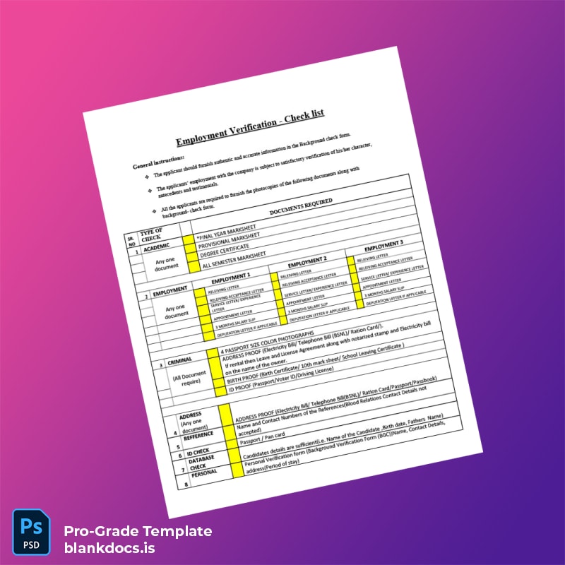 Blank Employment Verification Checklist Template (Word/PDF) Document Preview - BlankDocs