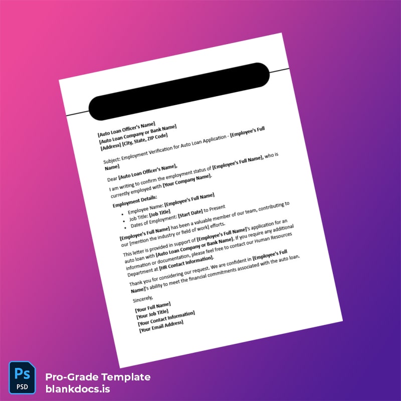 Blank Employment Verification Letter for Auto Loan Application Template (Word/PDF) Document Preview - BlankDocs