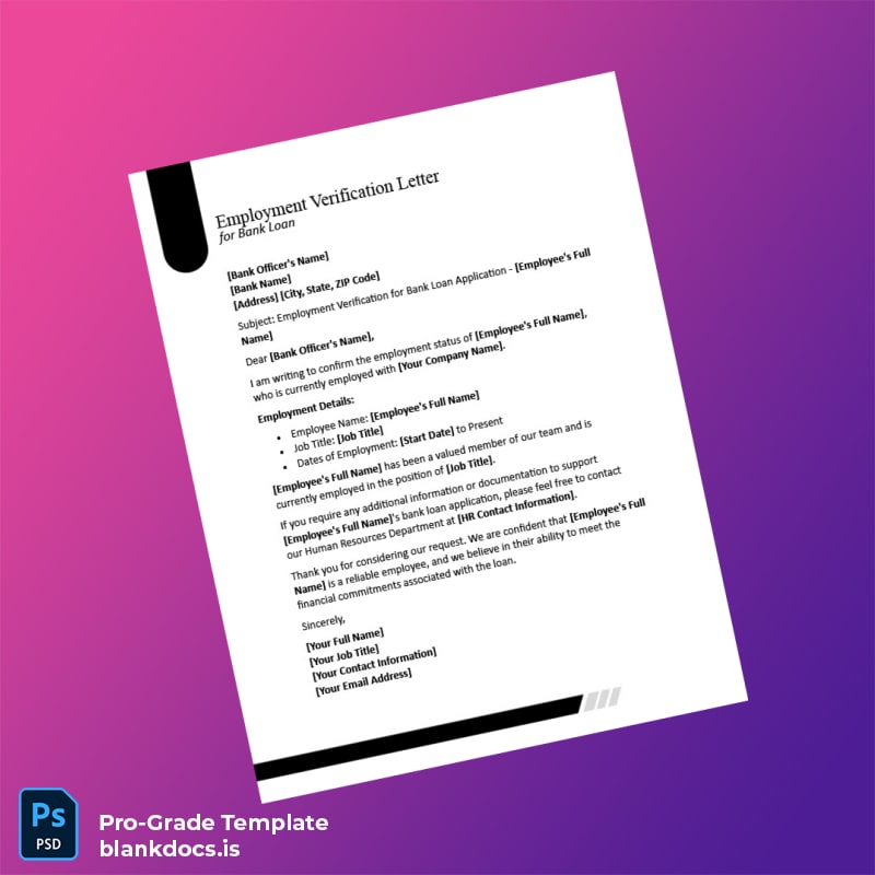 Blank Employment Verification Letter for Bank Loan Template (Word/PDF) Document Preview - BlankDocs