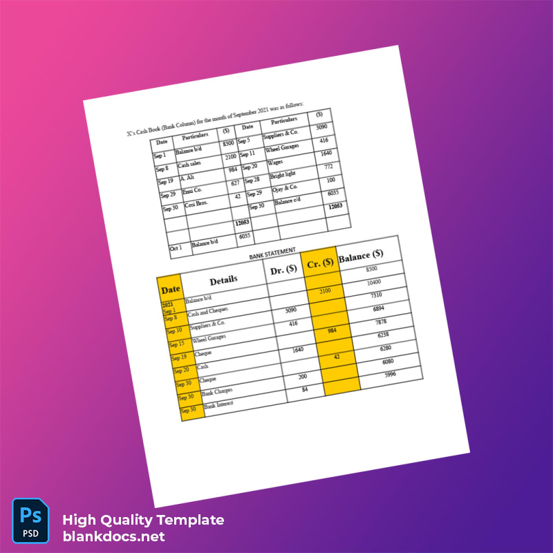 Empty Bank Reconciliation Statement Template in Word and PDF formats