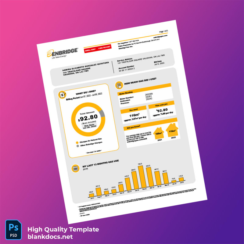 Enbridge Gas Inc Editable Electricity Bill Template in Word and PDF formats